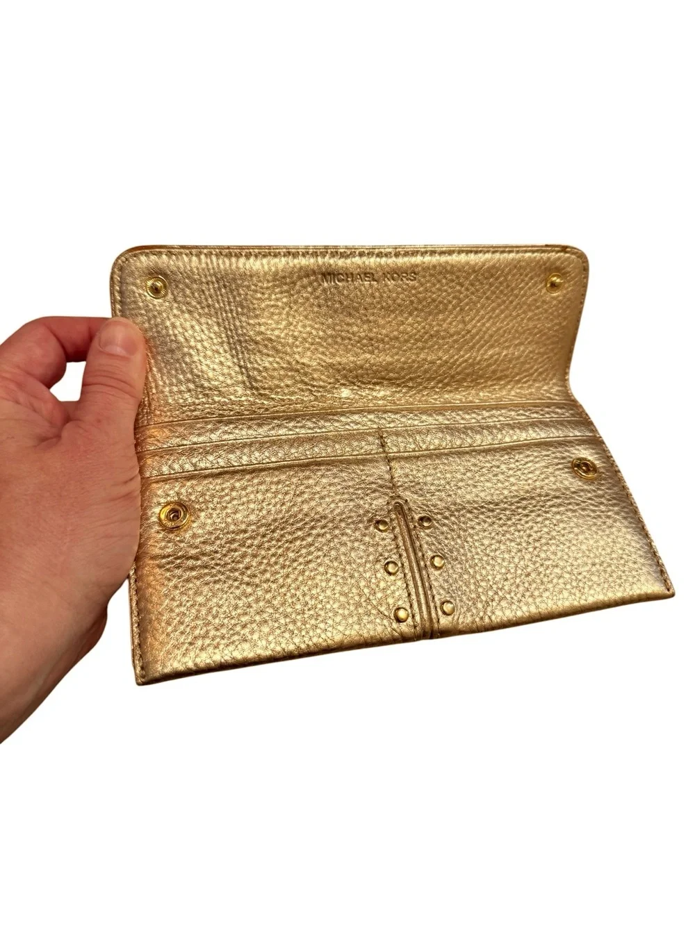 Michael Kors Gold Metallic Pebbled Leather Tote Bag Wallet Set NWOT Chain Accent